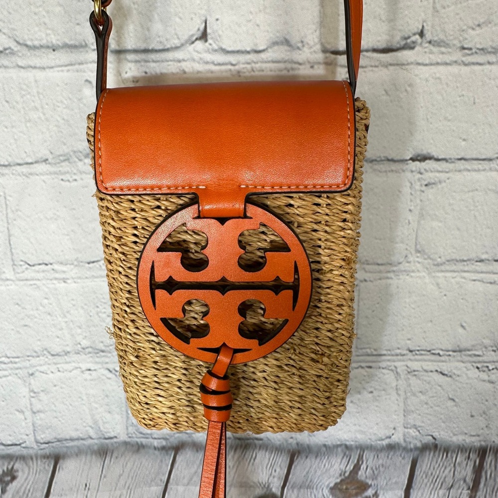 Tory Burch Miller Phone Crossbody Bag Orange Leather Woven Straw Tassel